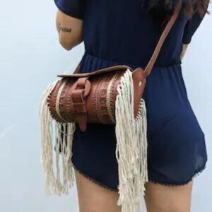 🤎 Vintage Boho Tooled Leather Fringe Crossbody Purse – Handmade in Mexico